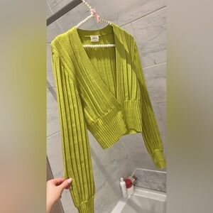 ARITZIA Lime Green Ribbed Low plunge V-Neck Cardigan Sweater (merino wool)
